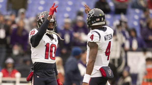 Nov 17, 2019; Baltimore, MD, USA; Houston Texans wide receiver DeAndre Hopkins (10) and quarterback Deshaun Watson (4) before the game against the Baltimore Ravens at M&T Bank Stadium. Mandatory Credit: Tommy Gilligan-USA TODAY Sports